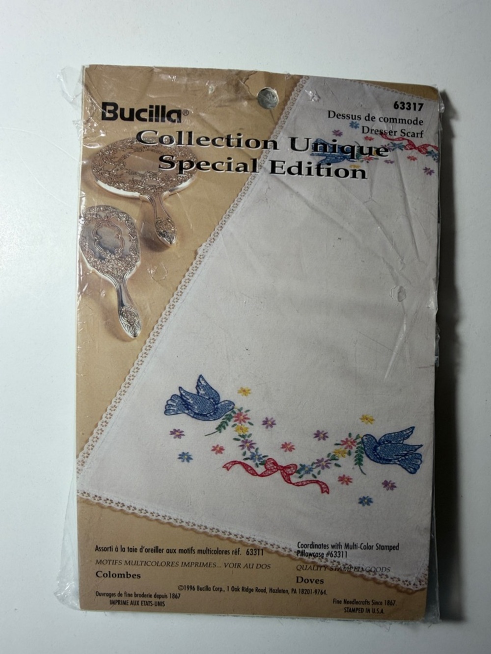 Bucilla White Dresser Scarf with Blue Dove Embroidery